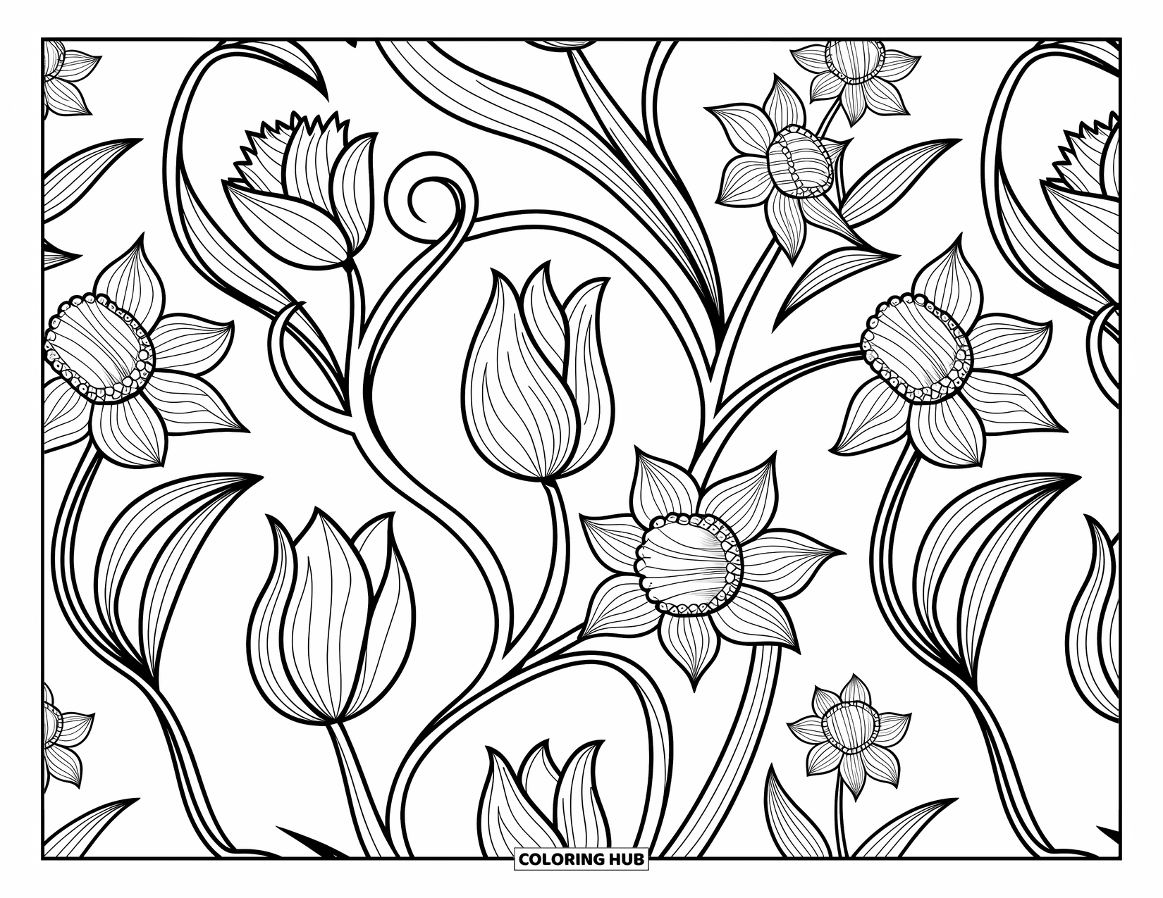 Desenho de primavera para colorir para adultos: Um design floral intrincado de tulipas, narcisos e folhas encaracoladas dispostas em um padrão semelhante a renda
