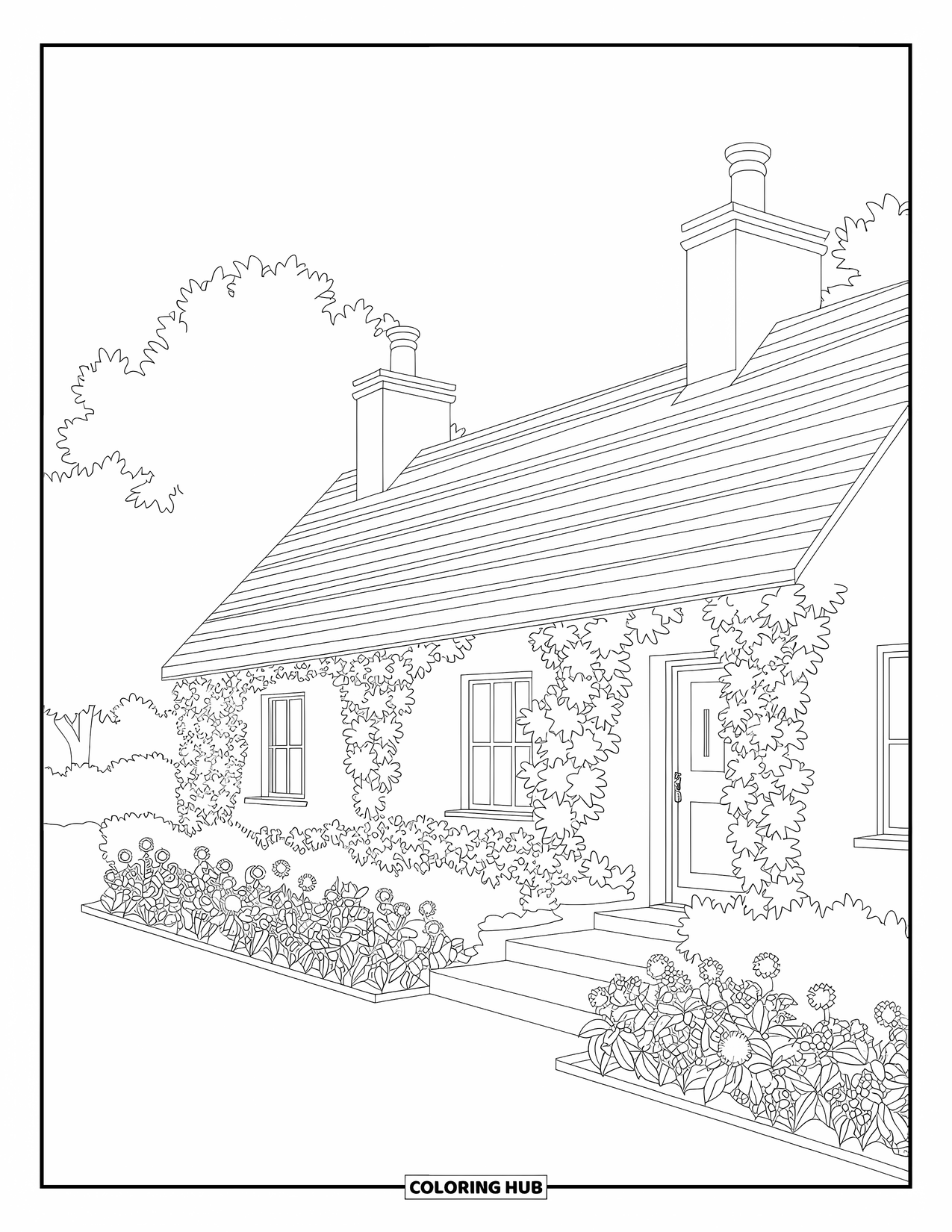 Desenho de primavera para colorir para adultos: Uma cabana de campo convidativa com paredes cobertas de hera e um adorável jardim de flores