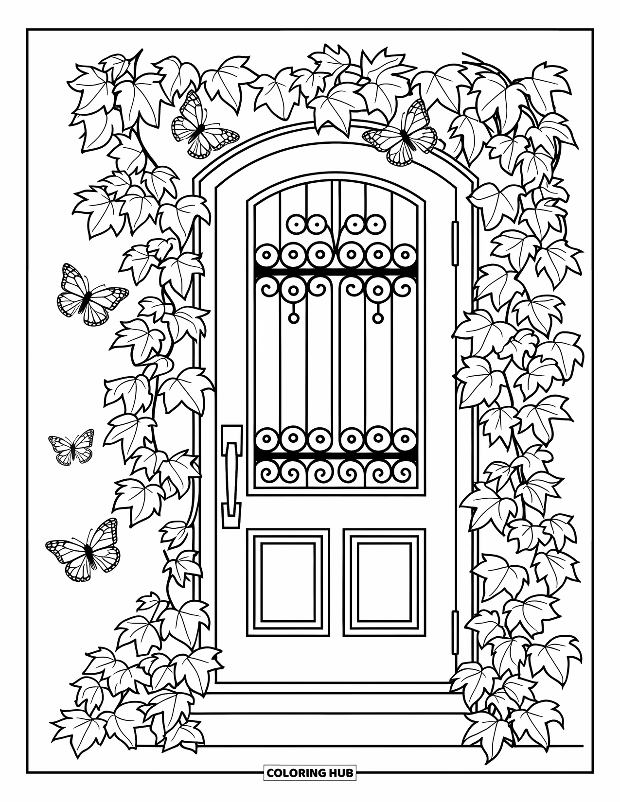 Desenho de primavera para colorir para adultos: Uma porta de jardim convidativa cercada por hera rastejante, trabalhos de ferro ornamentados e borboletas esvoaçantes