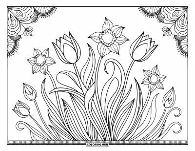 Spring Coloring Page for Adults: An ornate floral pattern of tulips and daffodils intertwined with decorative leaves and tendrils