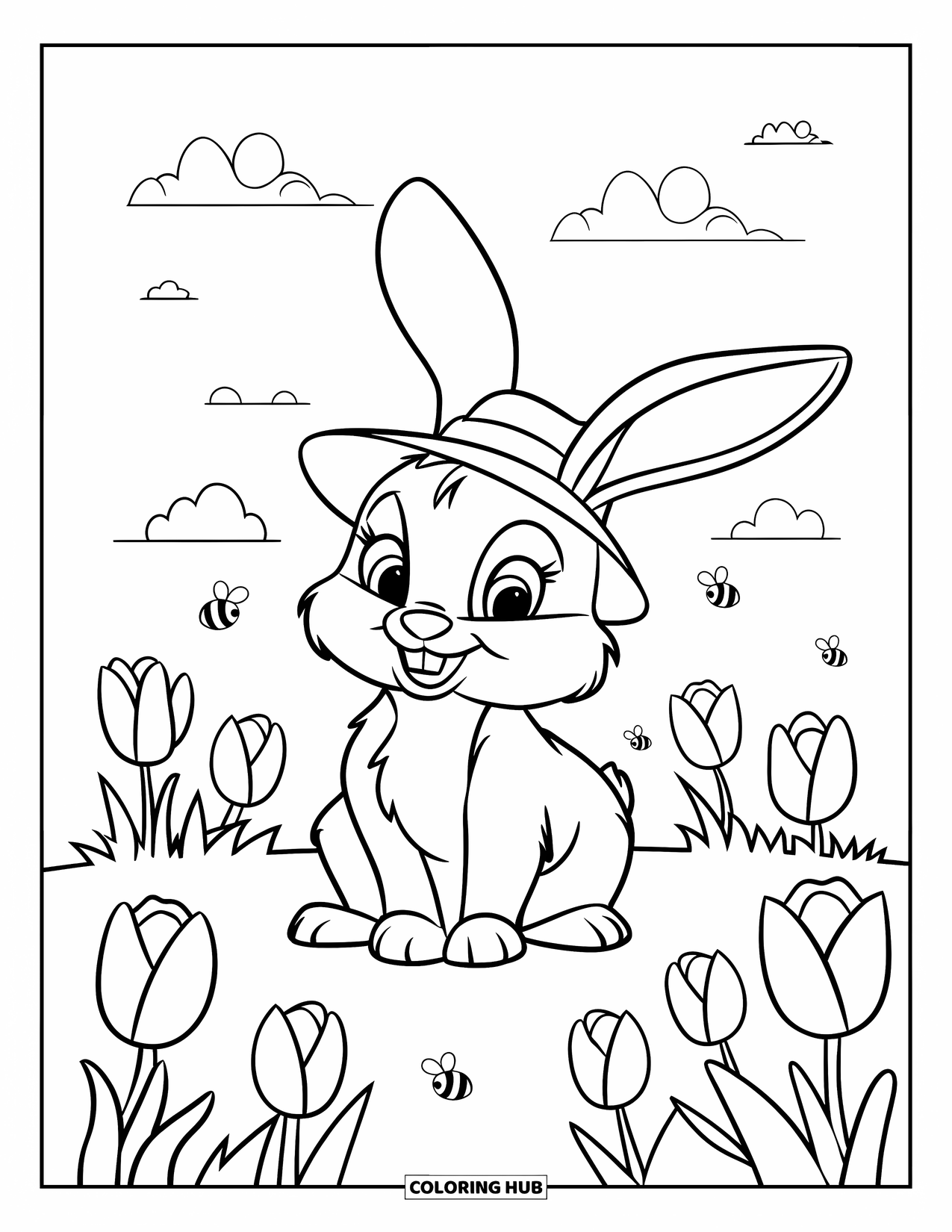 Desenho de primavera para colorir para crianças: Um coelho grande e amigável senta-se em um prado cheio de tulipas e abelhas zumbindo