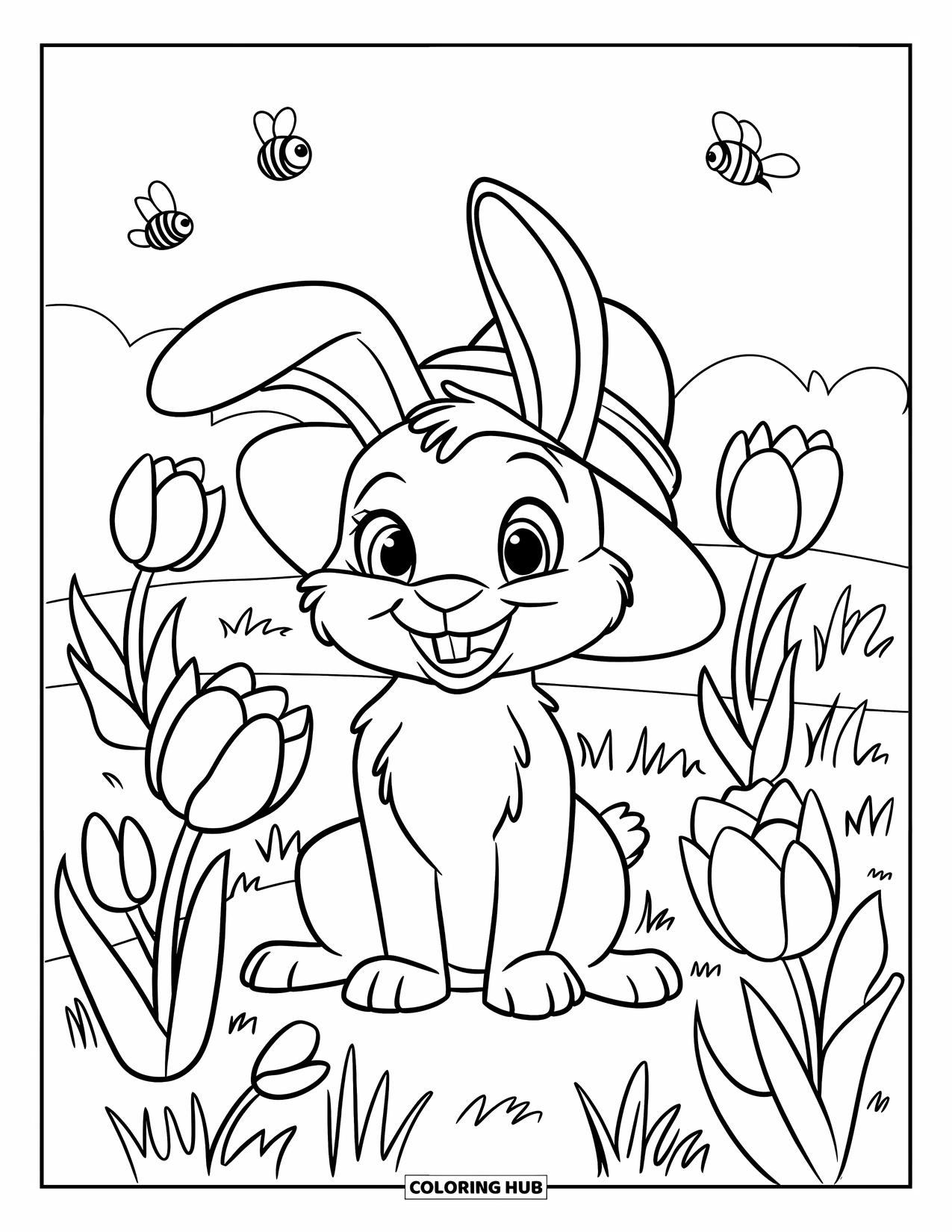 Desenho de primavera para colorir para crianças: Um coelho grande e amigável senta-se em um prado cheio de tulipas e abelhas zumbindo
