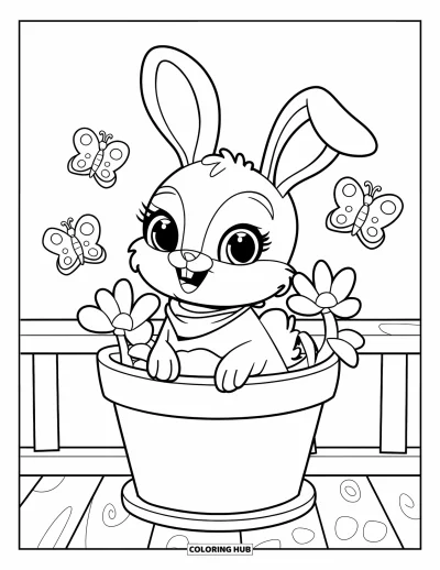 Spring Coloring Page for Kids: A bunny with a scarf sits in a flower pot, watching butterflies flutter around