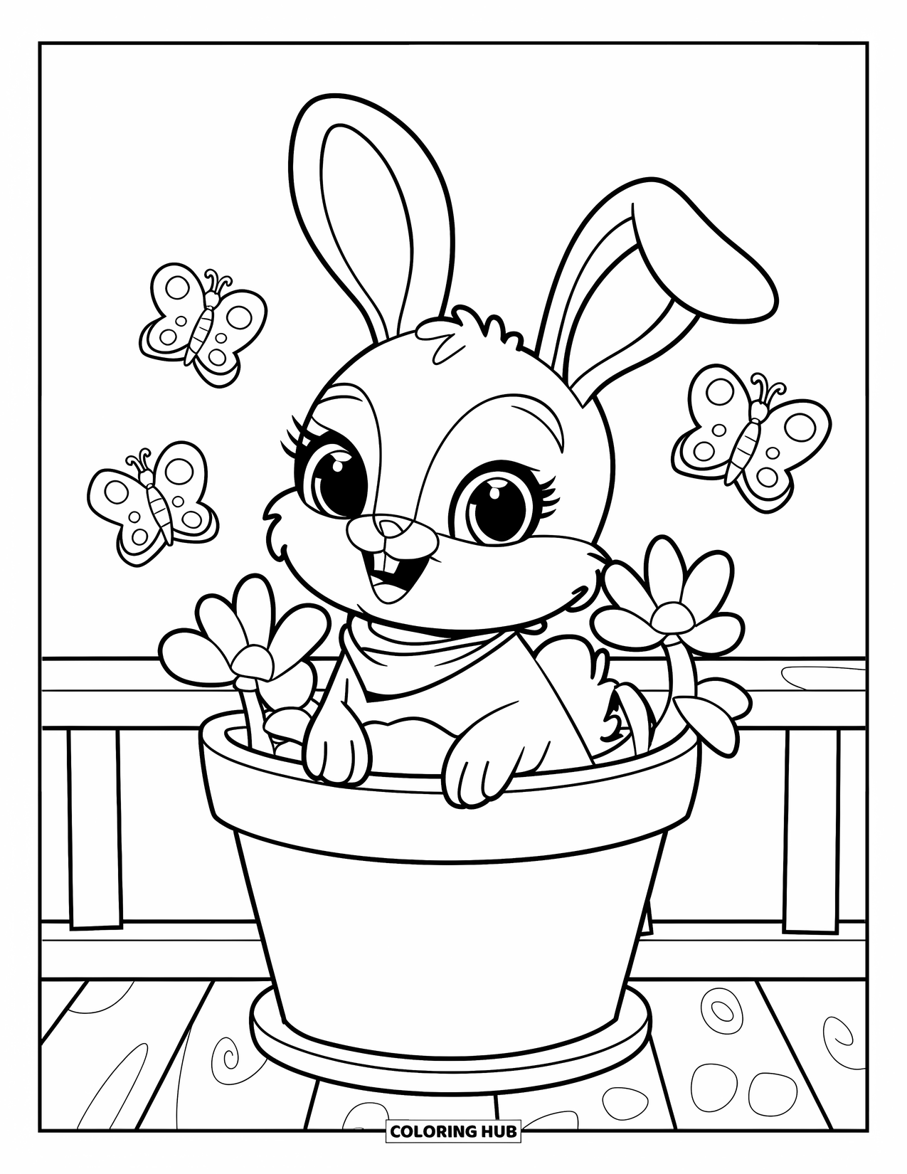 Desenho de primavera para colorir para crianças: Um coelho com um cachecol senta-se em um vaso de flores, observando borboletas voando ao redor