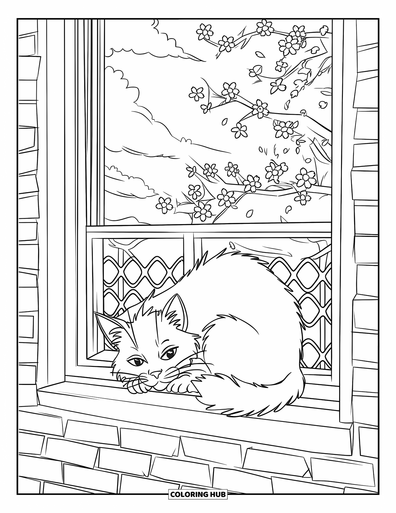 Desenho de primavera para colorir para crianças: Um gato relaxa em um parapeito de janela de madeira, olhando para árvores florescendo à distância
