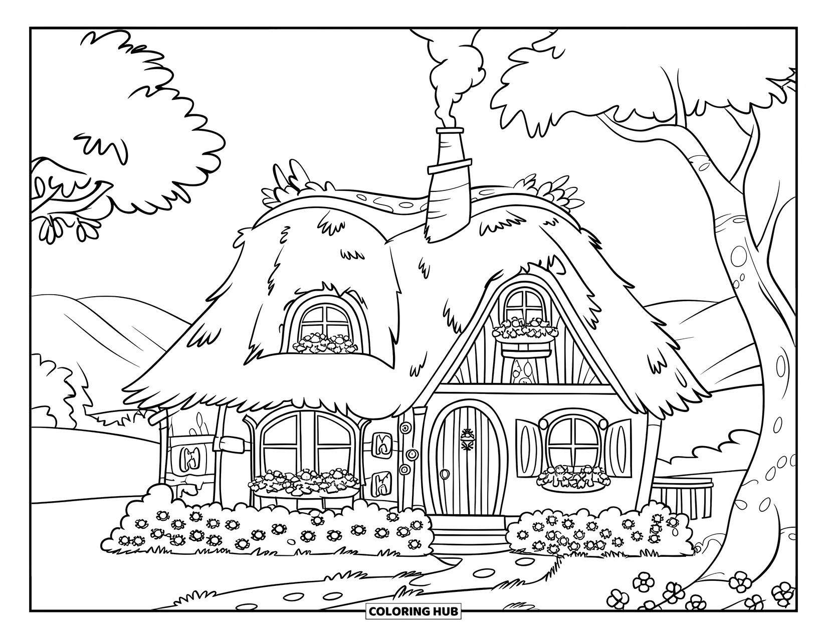 Desenho de primavera para colorir para crianças: Um chalé charmoso com um telhado de colmo, uma chaminé fumegante e um jardim florido