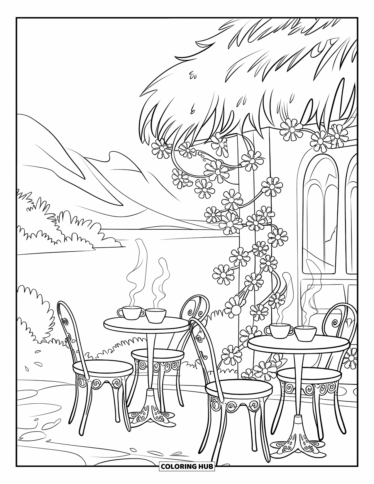 Desenho de primavera para colorir para crianças: Um charmoso café ao ar livre com mesas de ferro forjado, chá fumegante e trepadeiras de flores