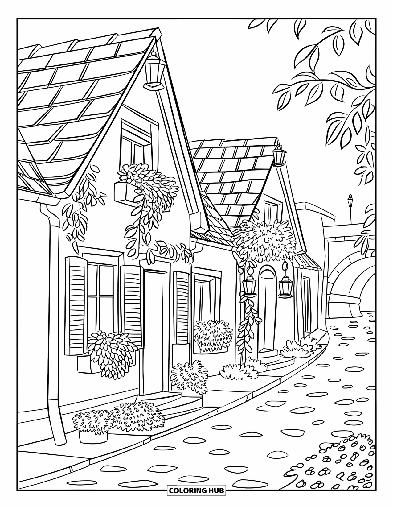 Desenho de primavera para colorir para crianças: Uma rua charmosa de vila ladeada de chalés, plantas em vasos e caminhos de paralelepípedos