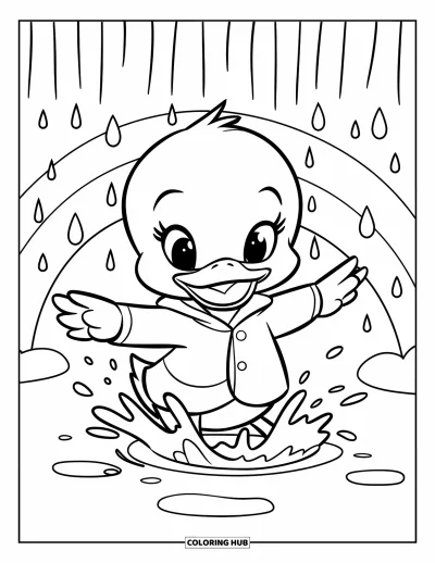 Spring Coloring Page for Kids: A cheerful duckling in a raincoat splashes in puddles as rain falls from the sky