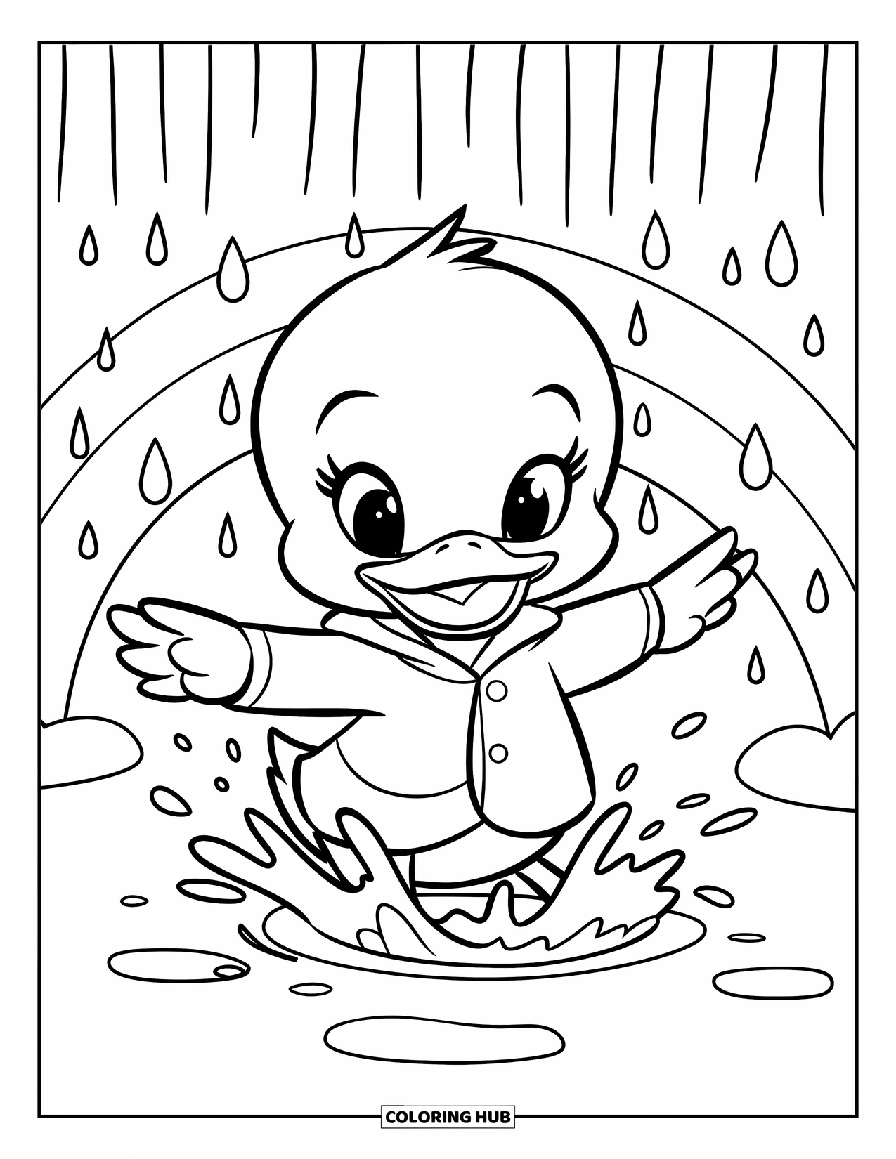 Desenho de primavera para colorir para crianças: Um patinho alegre de capa de chuva salpica em poças enquanto a chuva cai do céu