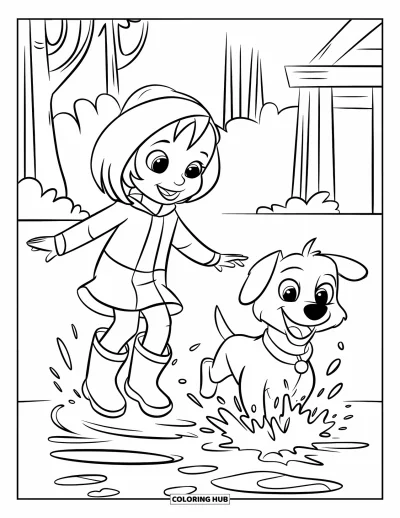 Spring Coloring Page for Kids: A cheerful girl and her dog play in a puddle, surrounded by autumn leaves