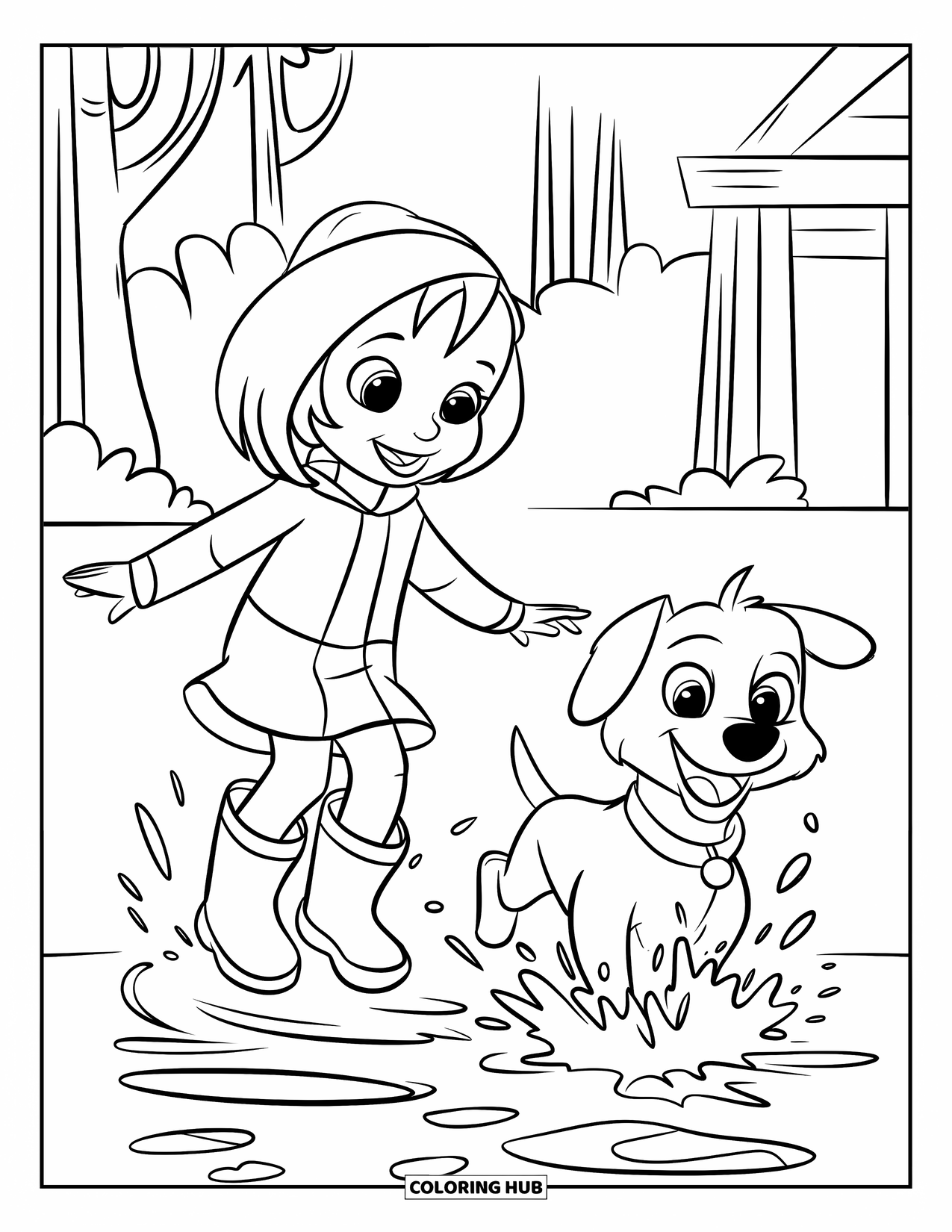 Desenho de primavera para colorir para crianças: Uma menina alegre e seu cachorro brincam em uma poça, cercados por folhas de outono