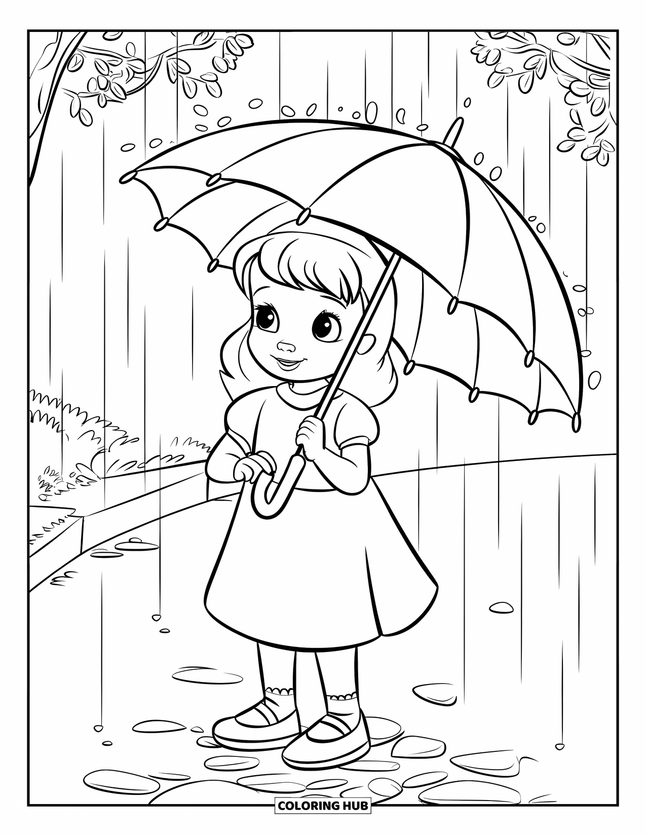 Desenho de primavera para colorir para crianças: Uma menina alegre gira seu guarda-chuva enquanto gotas de chuva suaves caem ao seu redor