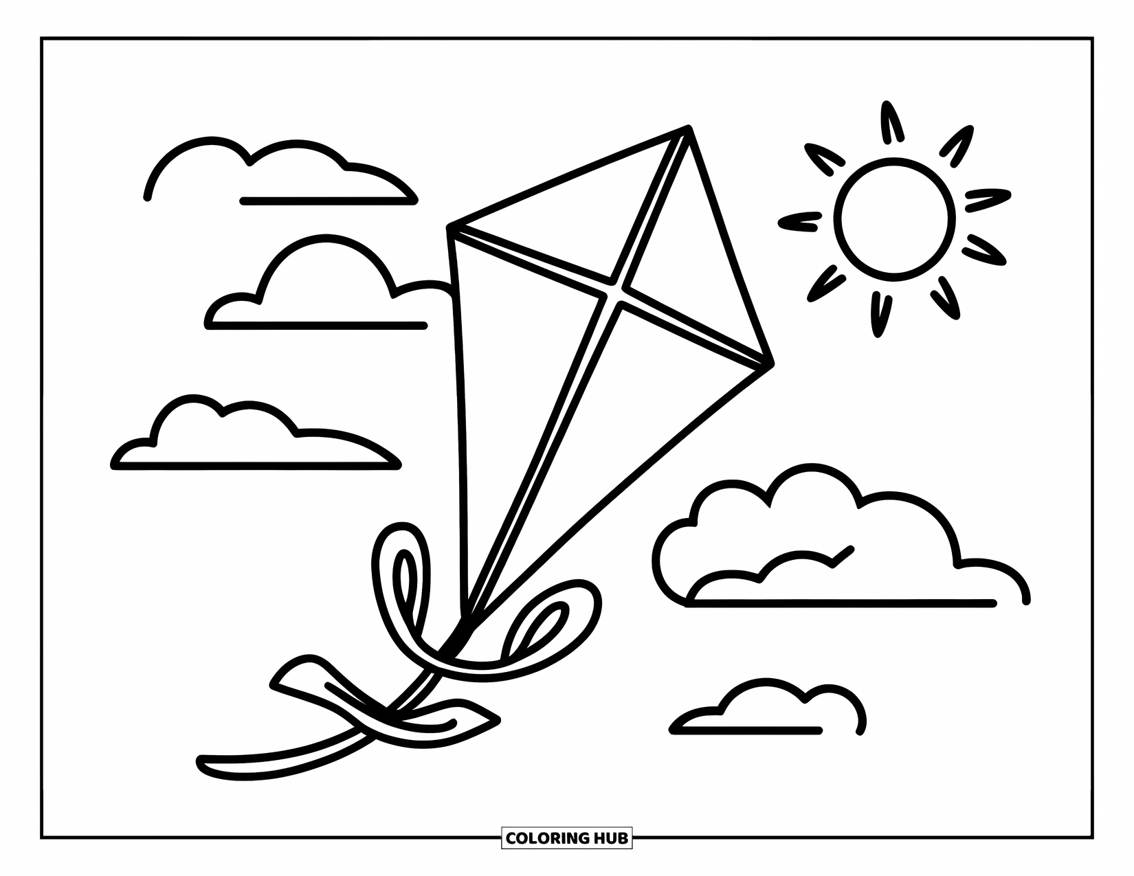 Desenho de primavera para colorir para crianças: Uma pipa alegre flutua pelas nuvens com uma brisa suave levantando sua cauda