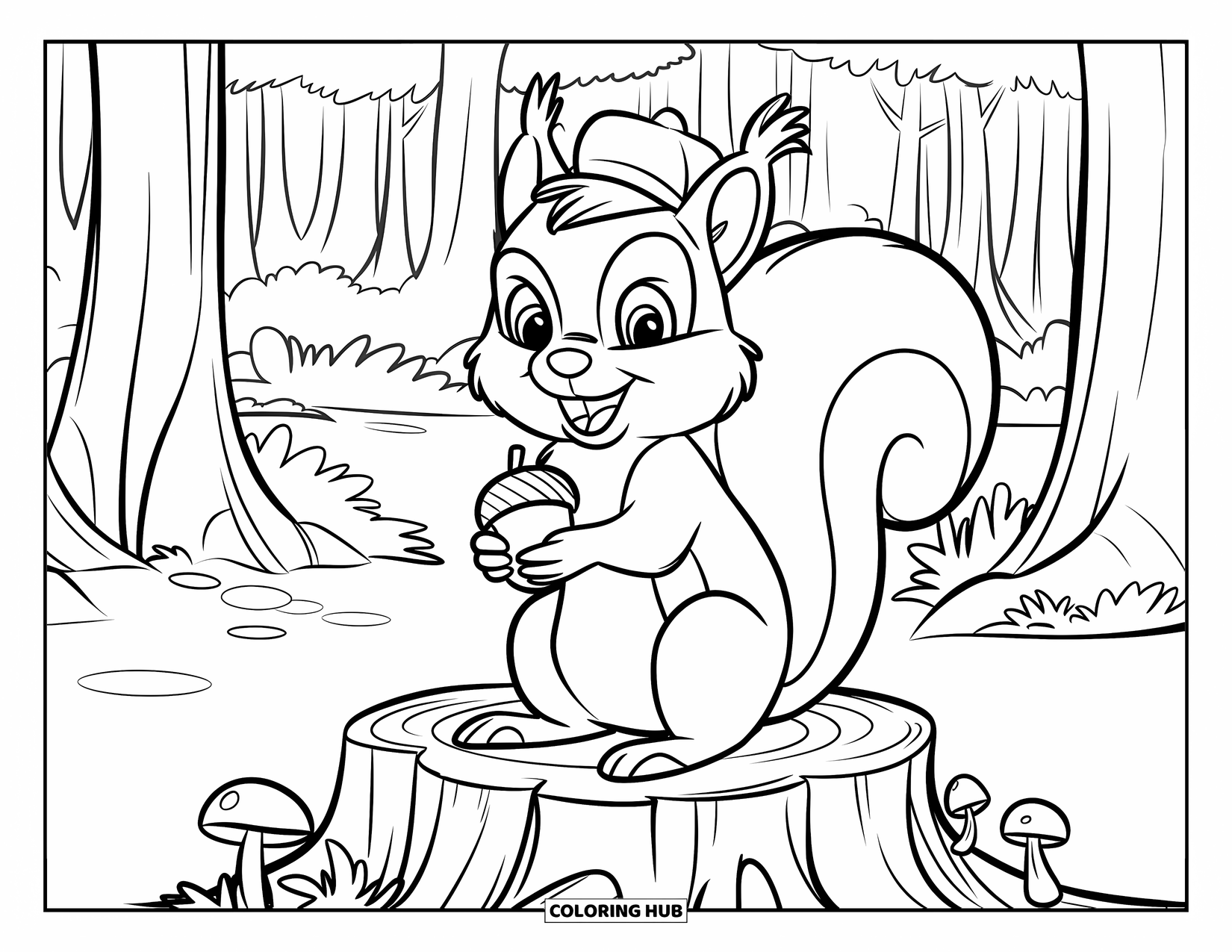 Desenho de primavera para colorir para crianças: Um esquilo alegre com um grande sorriso segura uma bolota em um toco de árvore na floresta