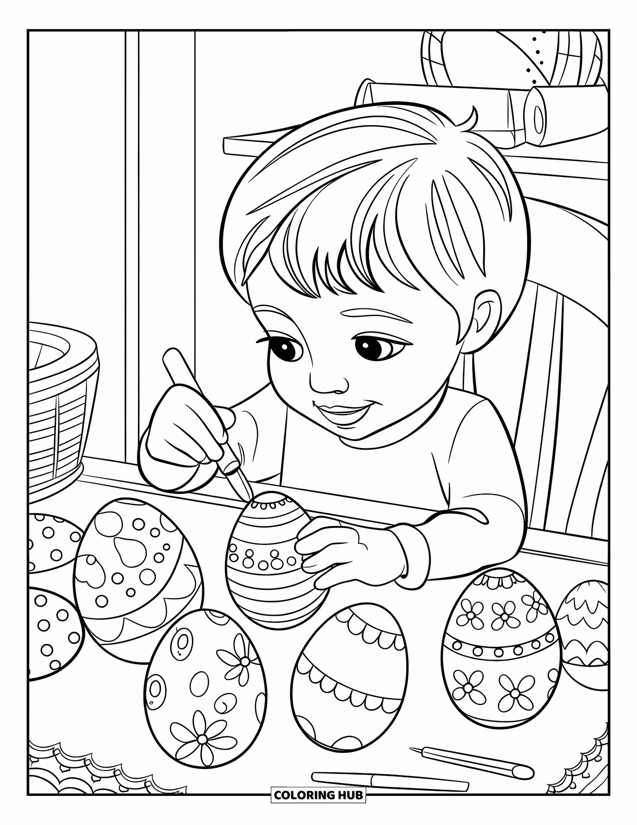 Desenho de primavera para colorir para crianças: Uma criança pinta cuidadosamente ovos de Páscoa com padrões intrincados em uma mesa aconchegante