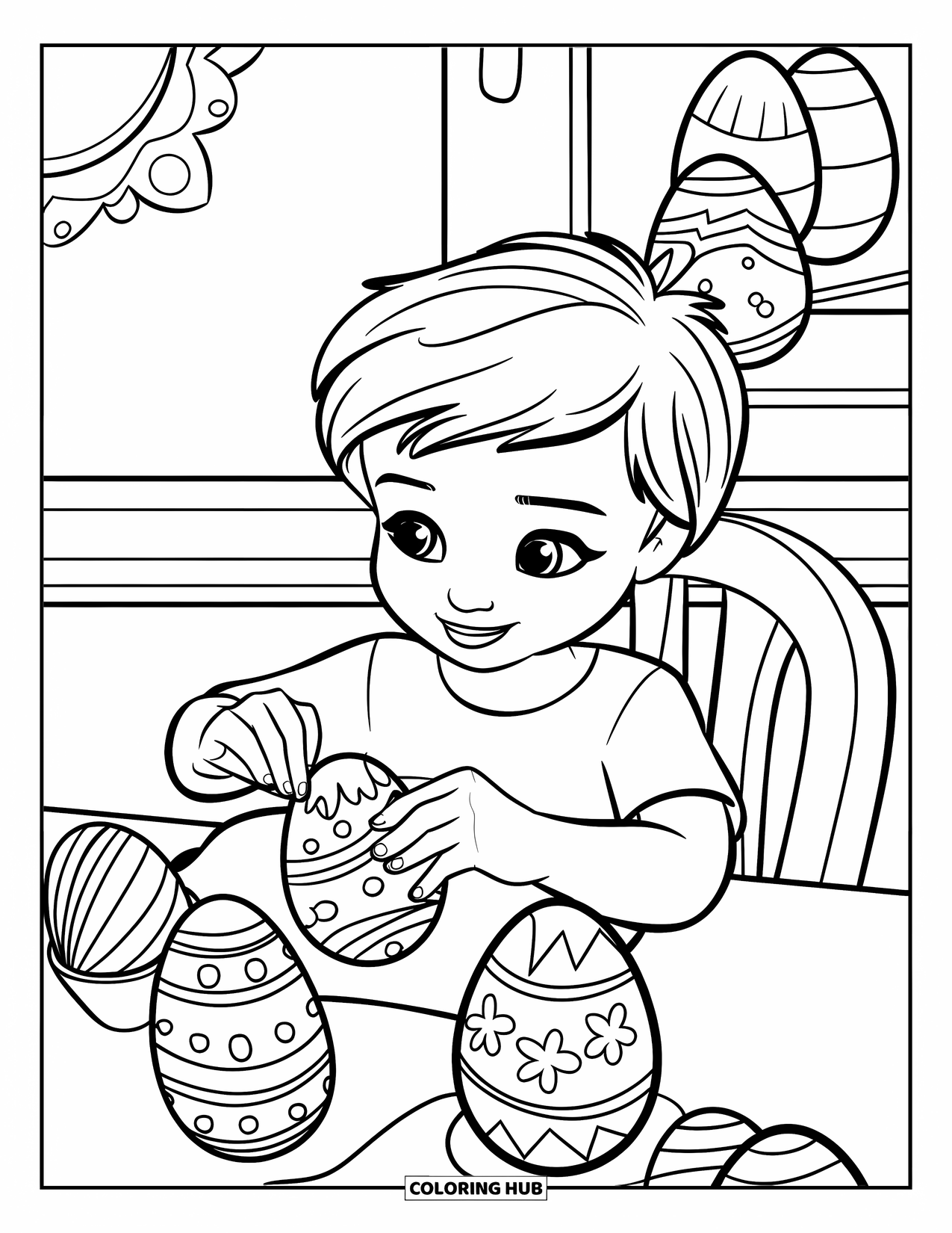 Desenho de primavera para colorir para crianças: Uma criança decora ovos de Páscoa enquanto está cercada por uma cesta e decorações festivas