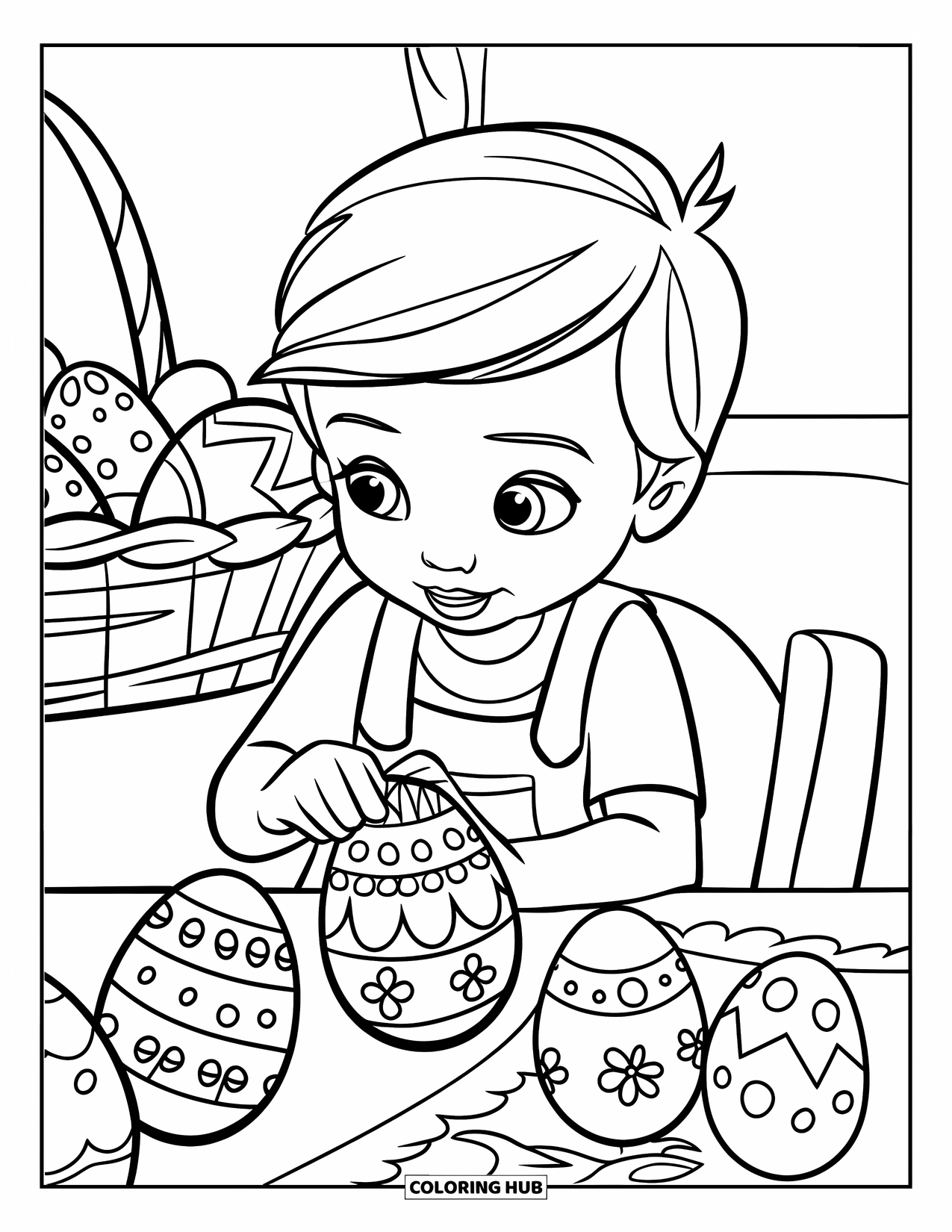 Desenho de primavera para colorir para crianças: Uma criança decora ovos de Páscoa com redemoinhos, pontos e padrões florais em uma mesa