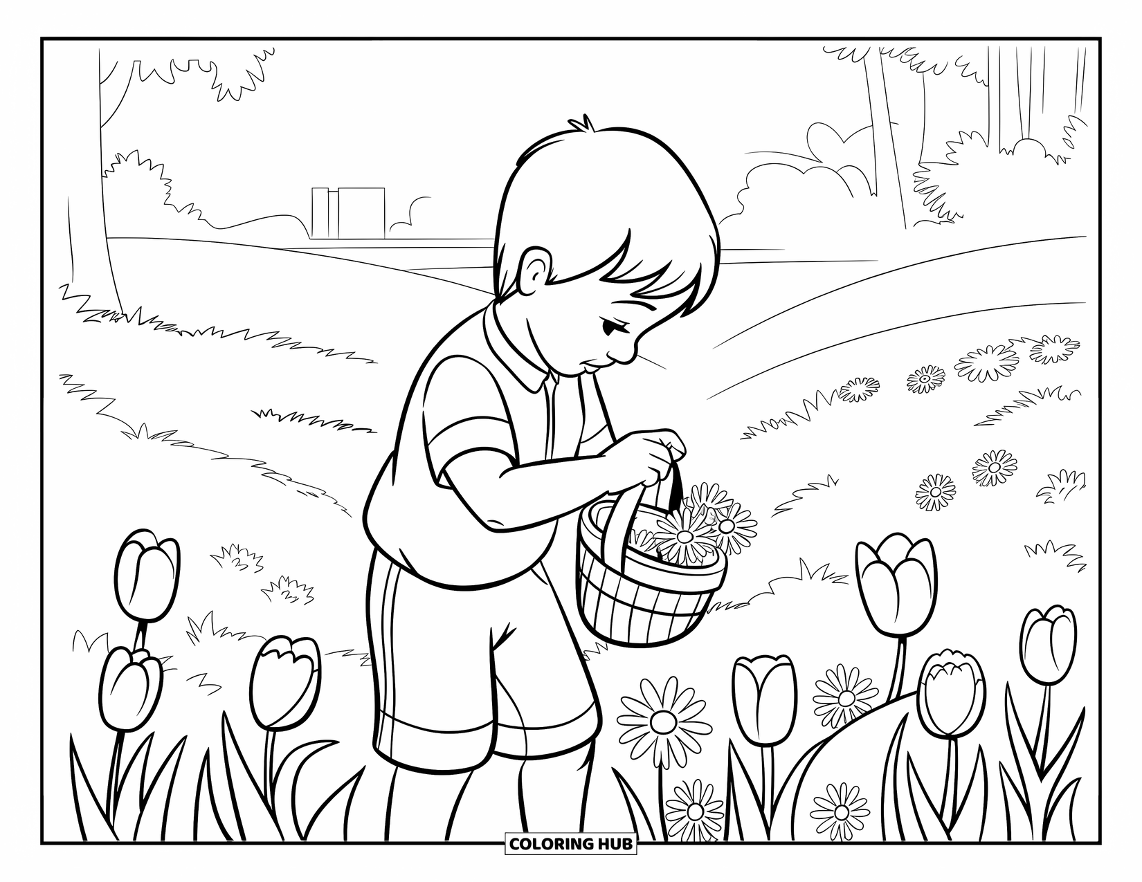 Desenho de primavera para colorir para crianças: Uma criança colhe tulipas e margaridas em um prado ensolarado, carregando uma pequena cesta