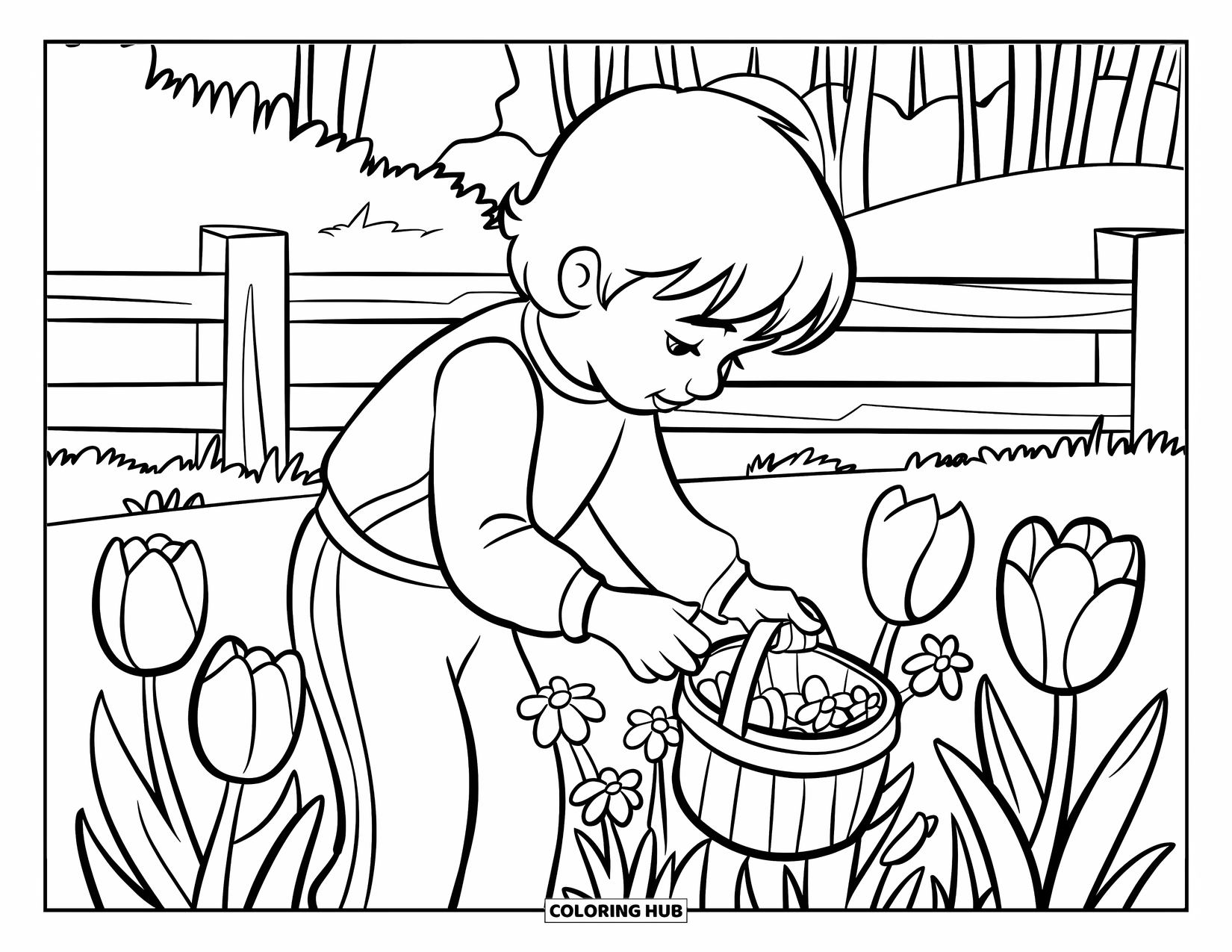 Desenho de primavera para colorir para crianças: Uma criança colhe tulipas e margaridas em um prado tranquilo com uma cerca de madeira por perto