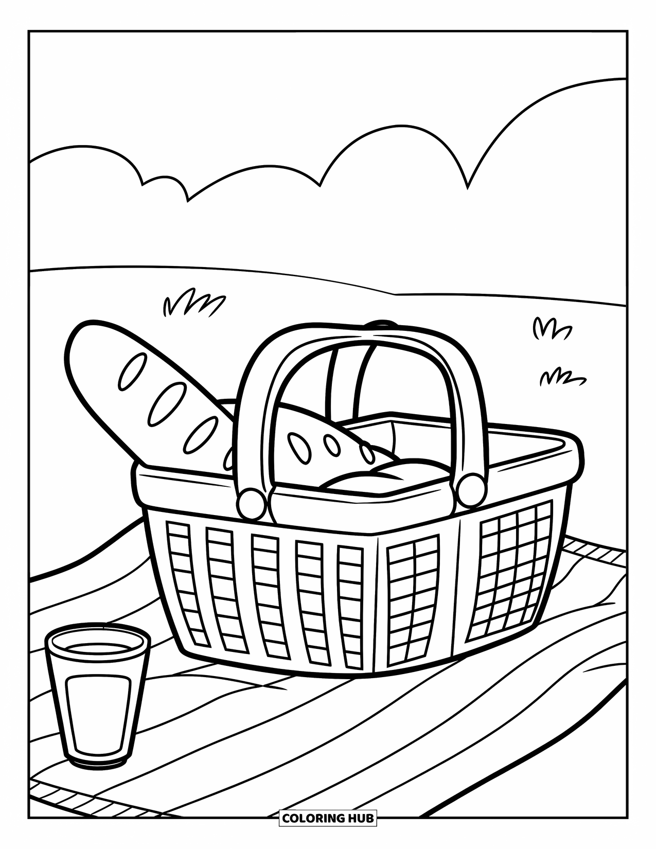 Desenho de primavera para colorir para crianças: Uma configuração de piquenique clássica com uma cesta, um pão e um copo de suco