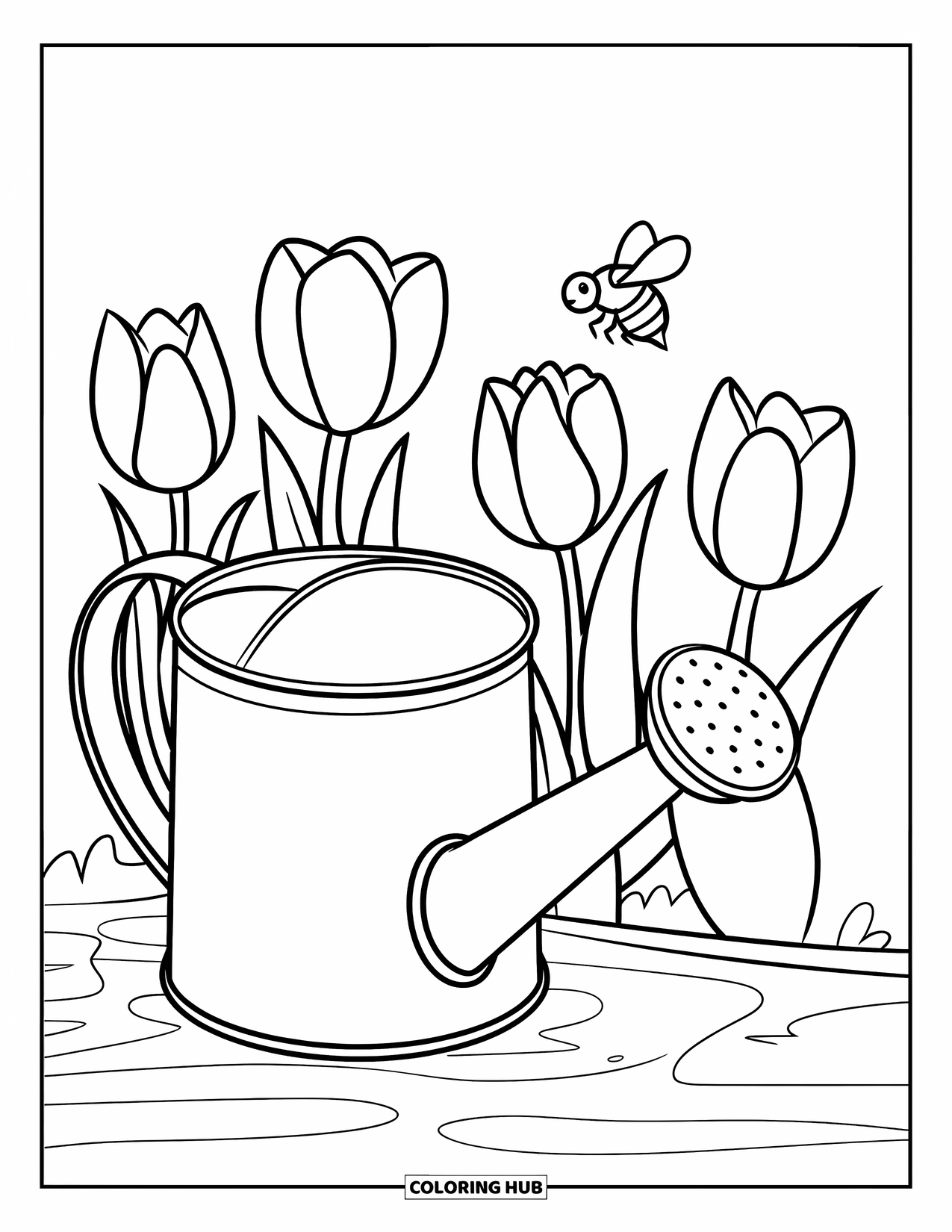 Desenho de primavera para colorir para crianças: Um regador clássico fica entre tulipas, enquanto uma pequena abelha paira acima