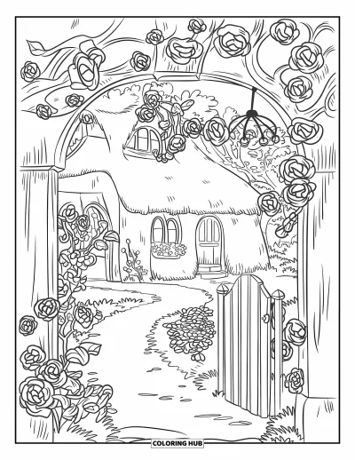 Spring Coloring Page for Kids: A cobblestone garden path lined with roses leads to a quaint wooden gate