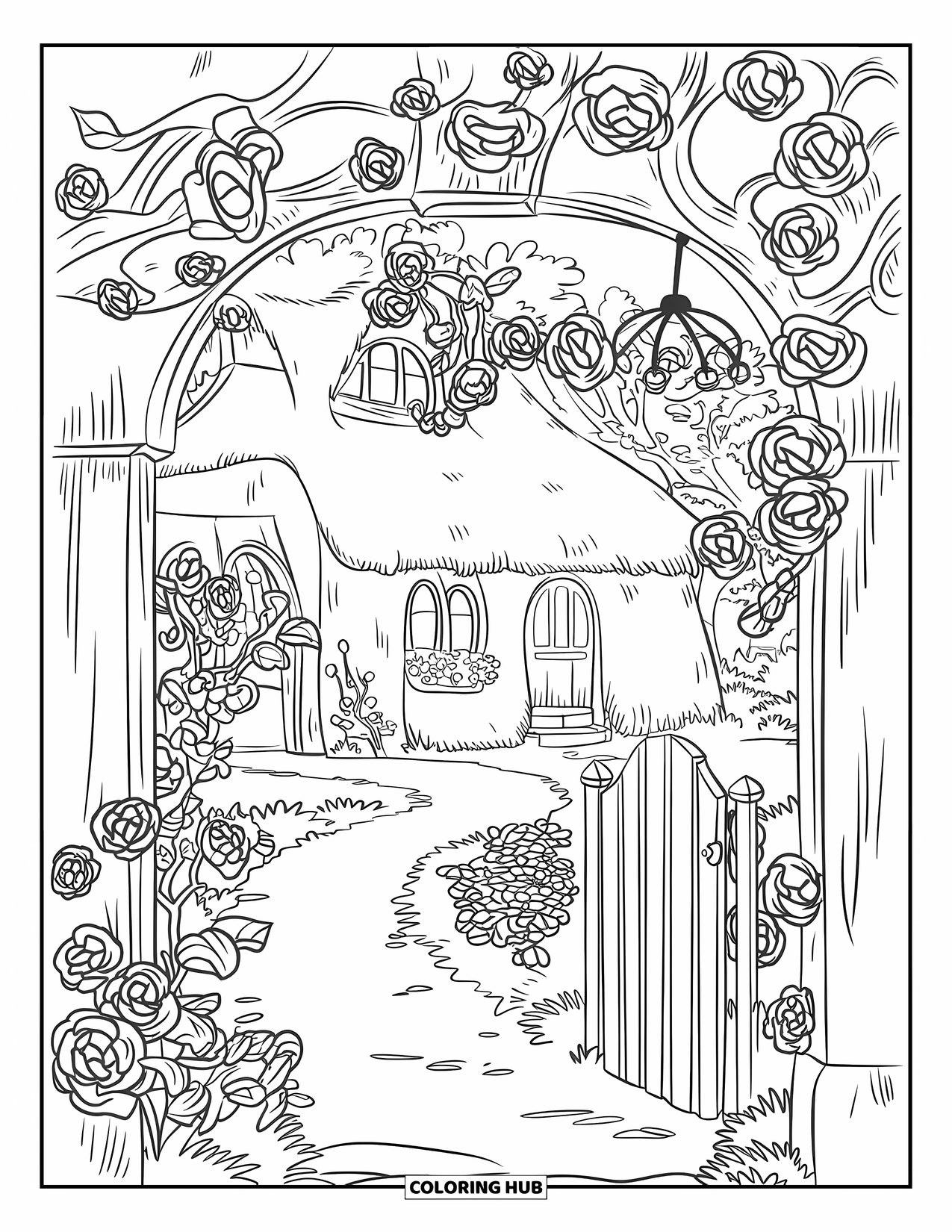 Desenho de primavera para colorir para crianças: Um caminho de jardim de paralelepípedos ladeado de rosas leva a um portão de madeira pitoresco