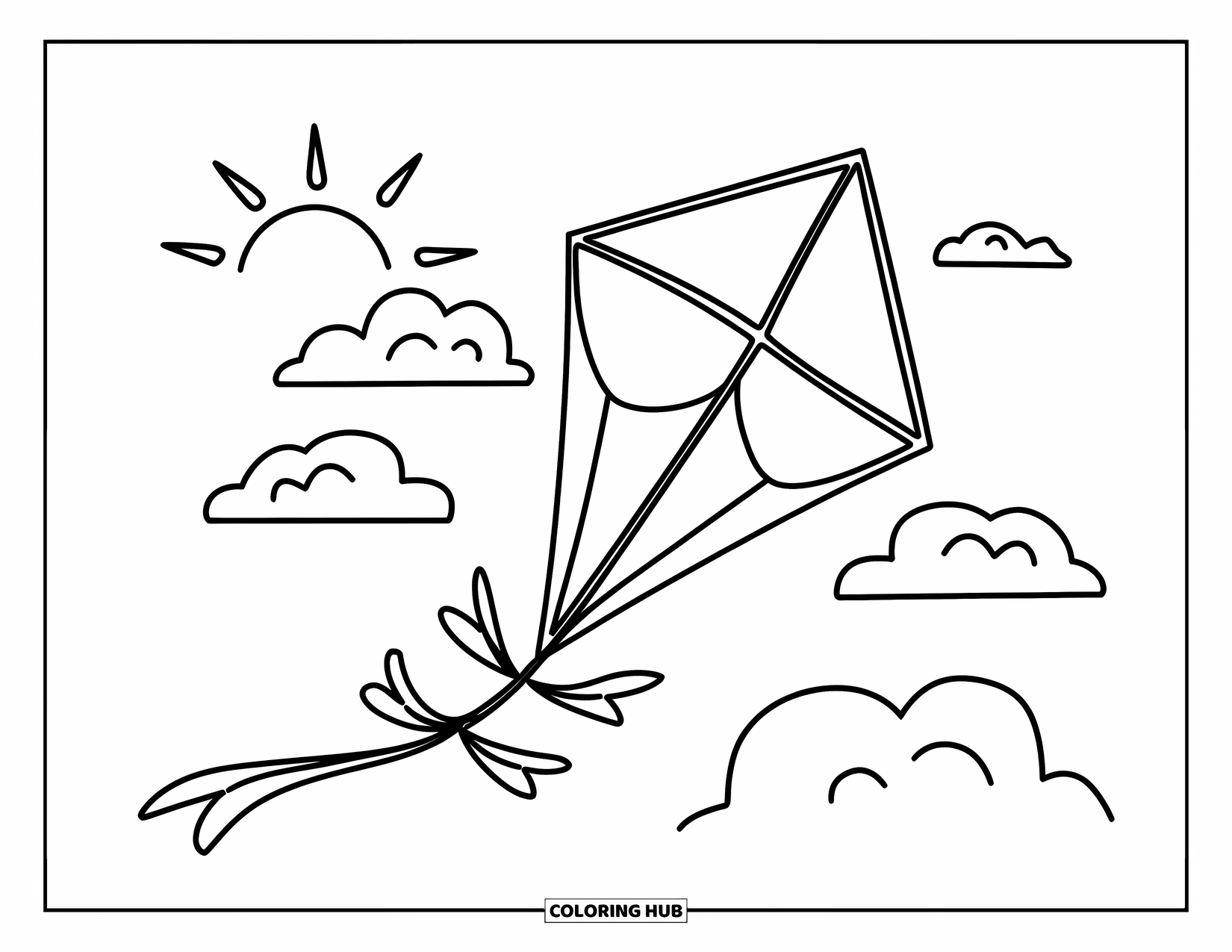 Desenho de primavera para colorir para crianças: Uma pipa colorida voa no céu com nuvens fofas e o sol espreitando