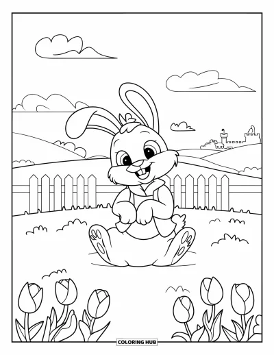 Spring Coloring Page for Kids: A cozy bunny wearing a scarf enjoys a peaceful meadow filled with flowers