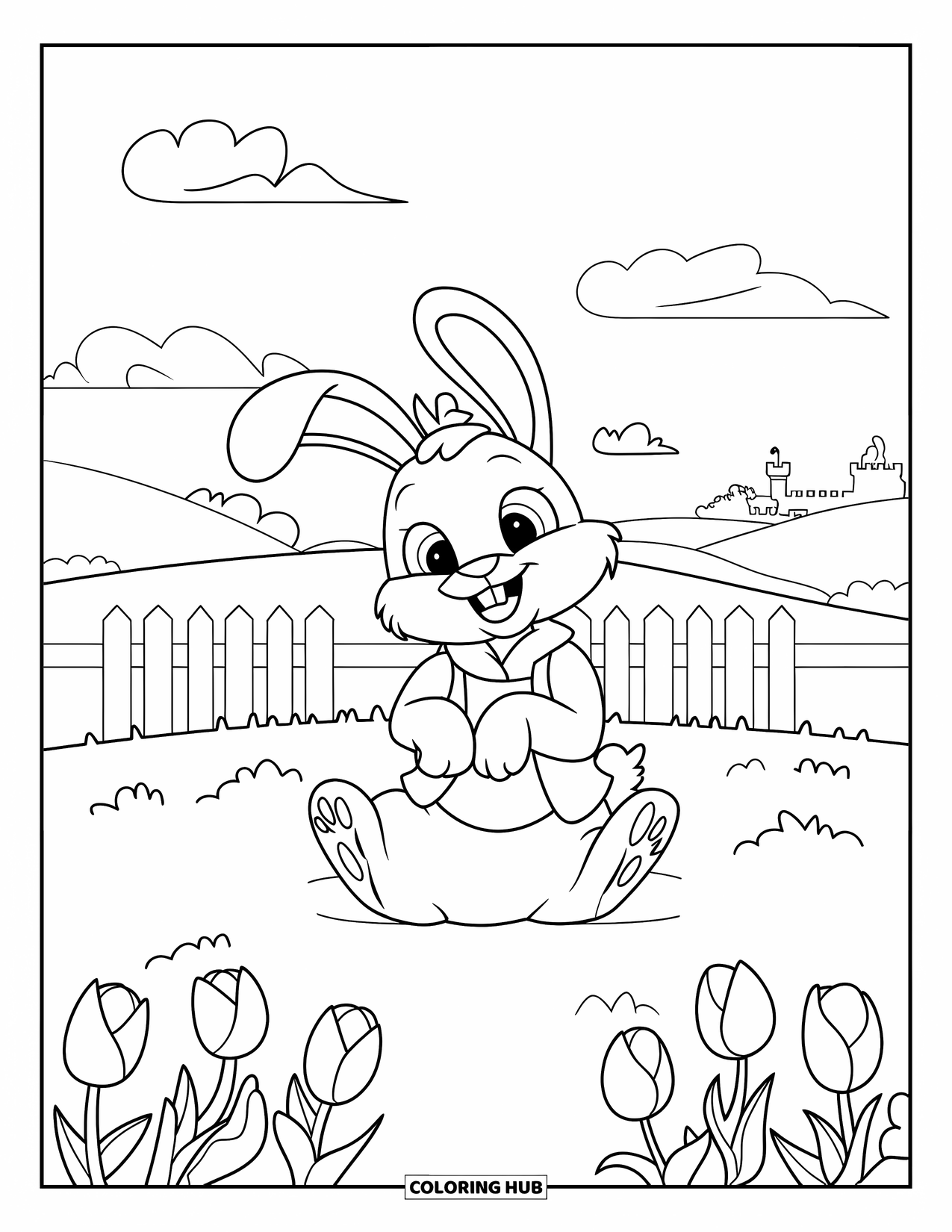 Desenho de primavera para colorir para crianças: Um coelho aconchegante usando um cachecol desfruta de um prado tranquilo cheio de flores