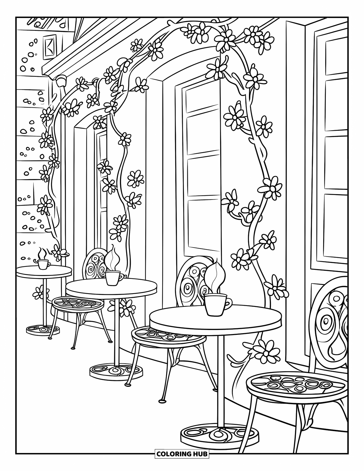 Desenho de primavera para colorir para crianças: Um café aconchegante com mesas de ferro forjado, chá quente e flores crescendo ao longo das paredes