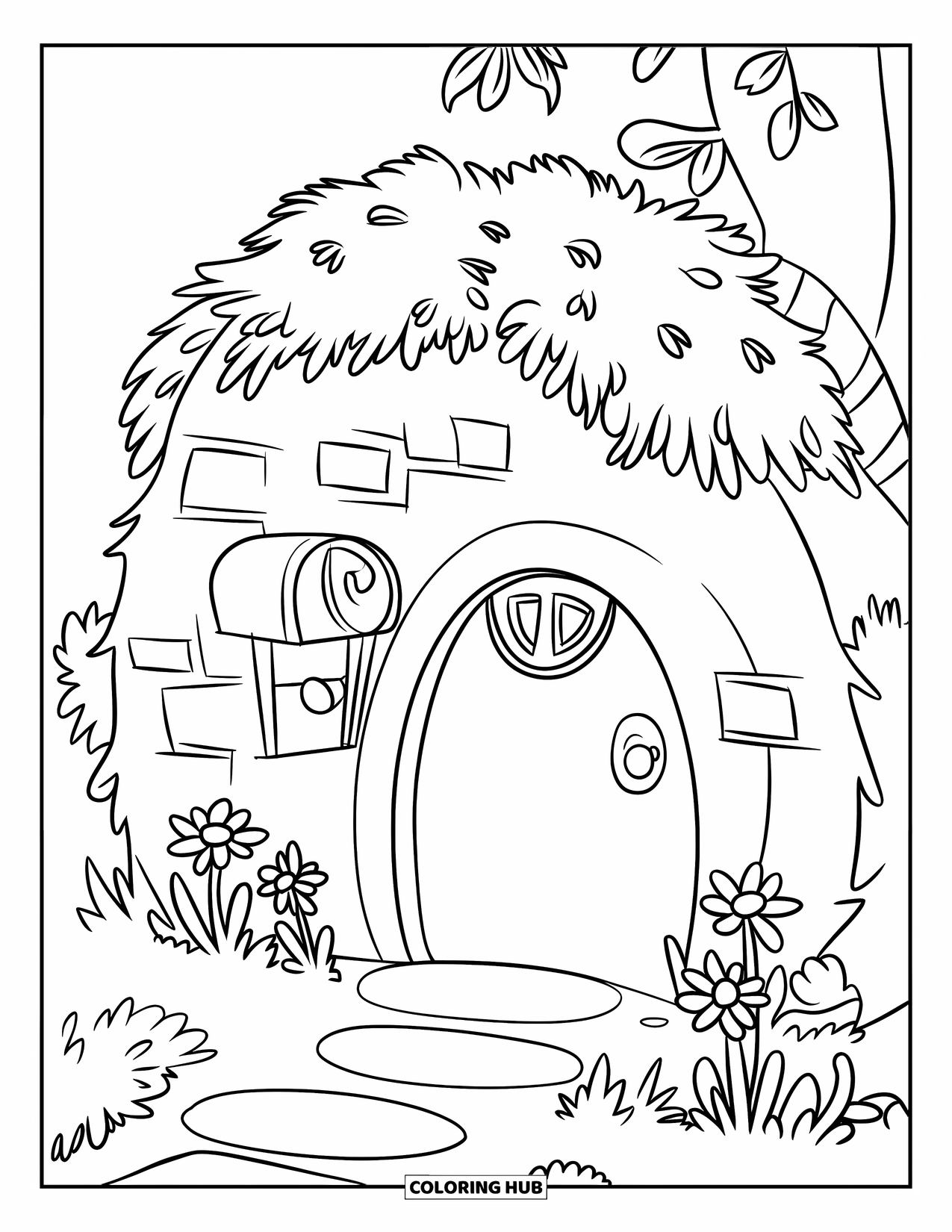 Desenho de primavera para colorir para crianças: Uma entrada de toca aconchegante com uma pequena caixa de correio e flores crescendo por perto