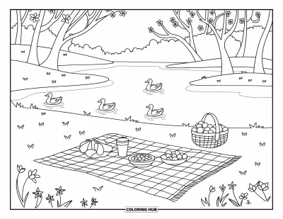 Spring Coloring Page for Kids: A cozy picnic by the water with blooming trees and ducks swimming nearby