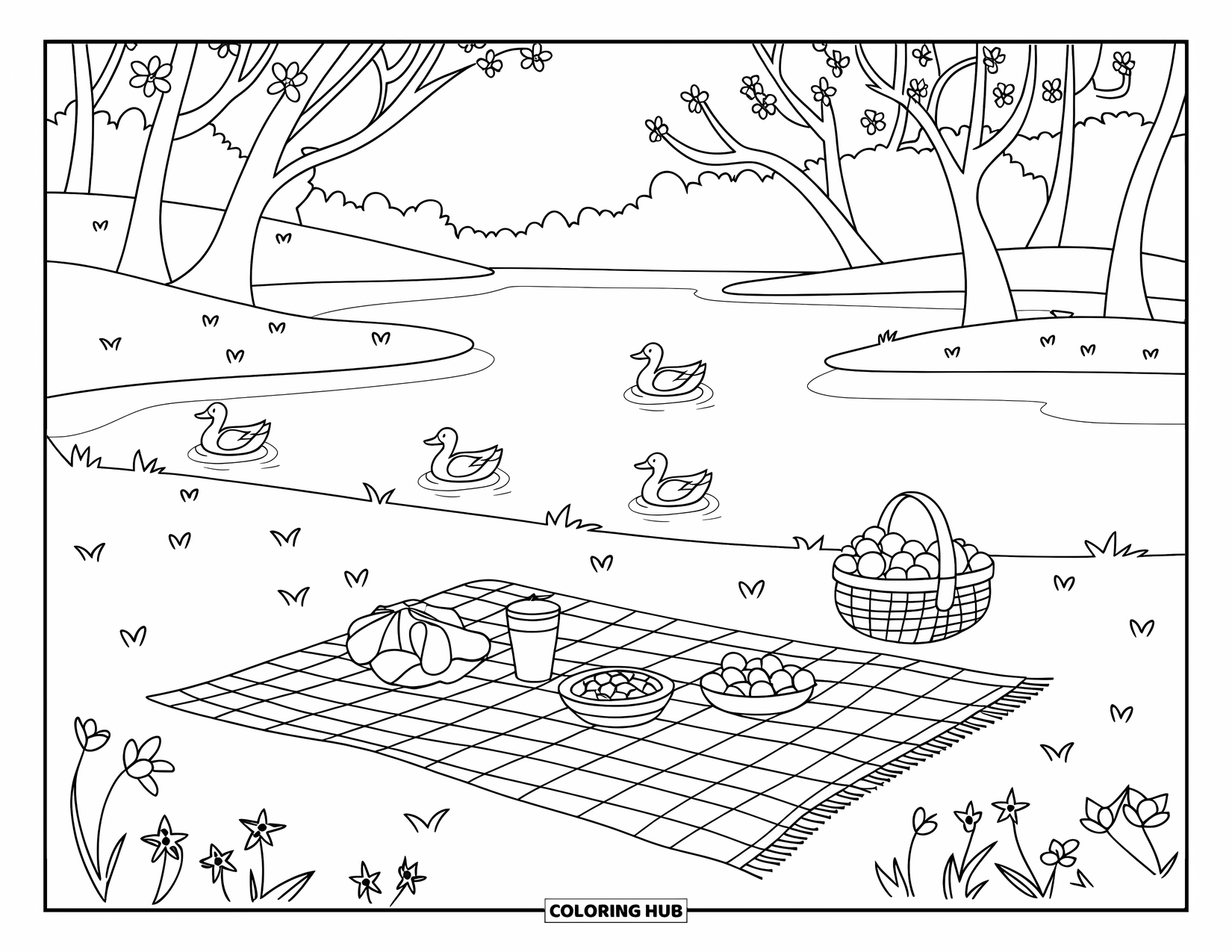 Desenho de primavera para colorir para crianças: Um piquenique aconchegante à beira da água com árvores florescendo e patos nadando por perto