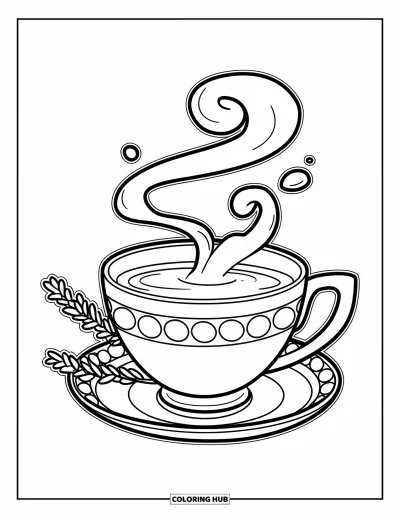 Spring Coloring Page for Kids: A cozy teacup with steam swirls and a sprig of lavender rests on a saucer