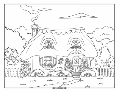 Spring Coloring Page for Kids: A cozy thatched-roof cottage surrounded by flowers and a wooden fence