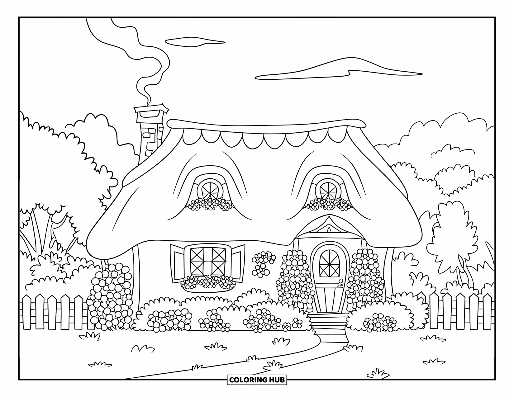 Desenho de primavera para colorir para crianças: Uma casa de campo aconchegante com telhado de palha cercada por flores e uma cerca de madeira