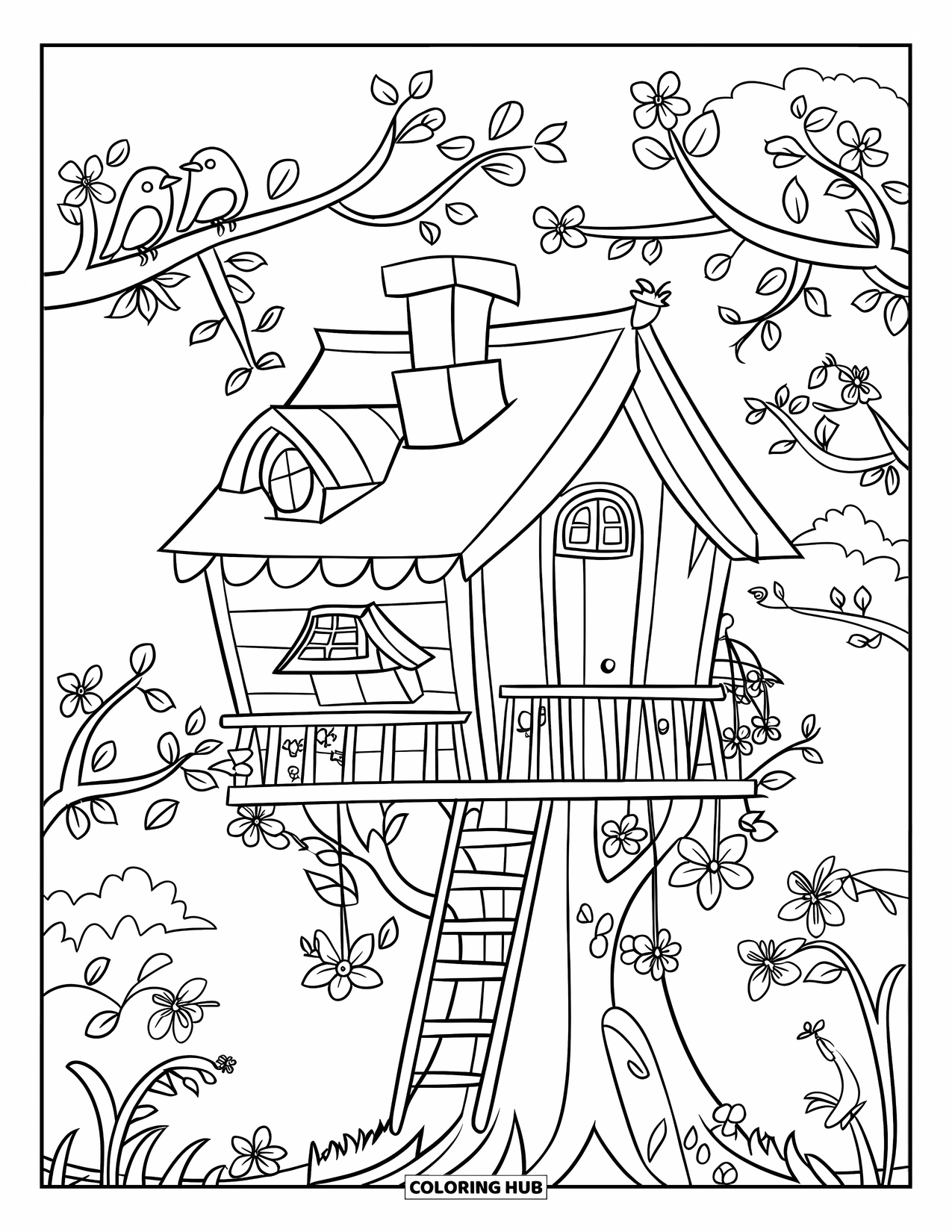 Desenho de primavera para colorir para crianças: Uma casa na árvore aconchegante com uma escada, chaminé e pássaros empoleirados entre flores da primavera