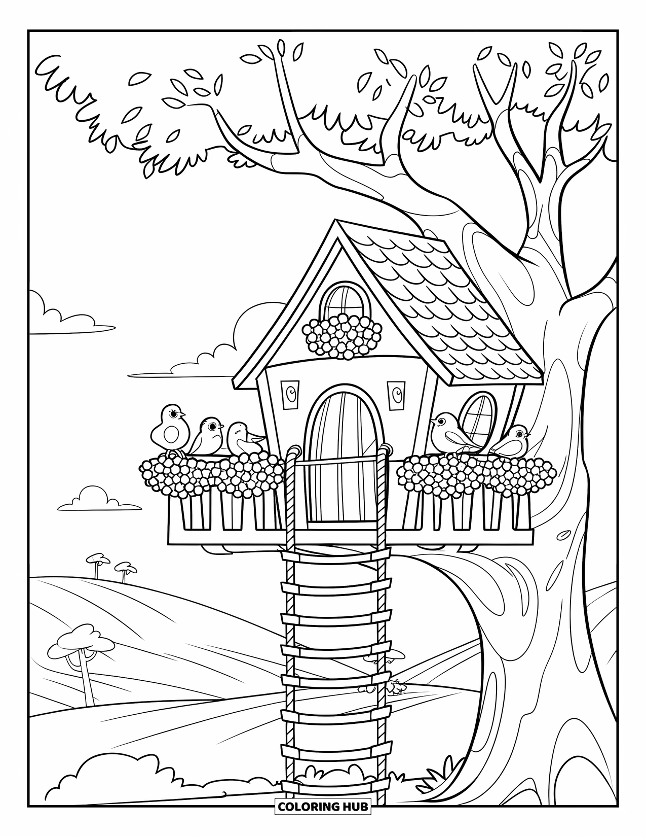Desenho de primavera para colorir para crianças: Uma casa na árvore aconchegante com uma escada de corda, caixas de flores e pássaros empoleirados no parapeito