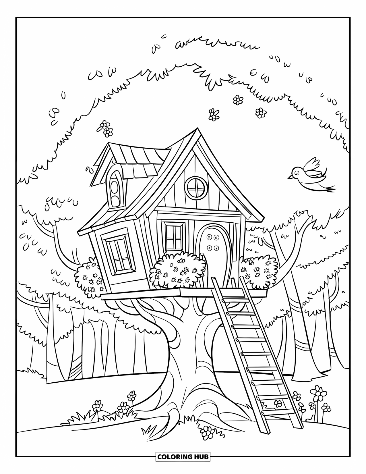 Desenho de primavera para colorir para crianças: Uma casa na árvore aconchegante com uma escada de madeira, cercada por pássaros, abelhas e flores