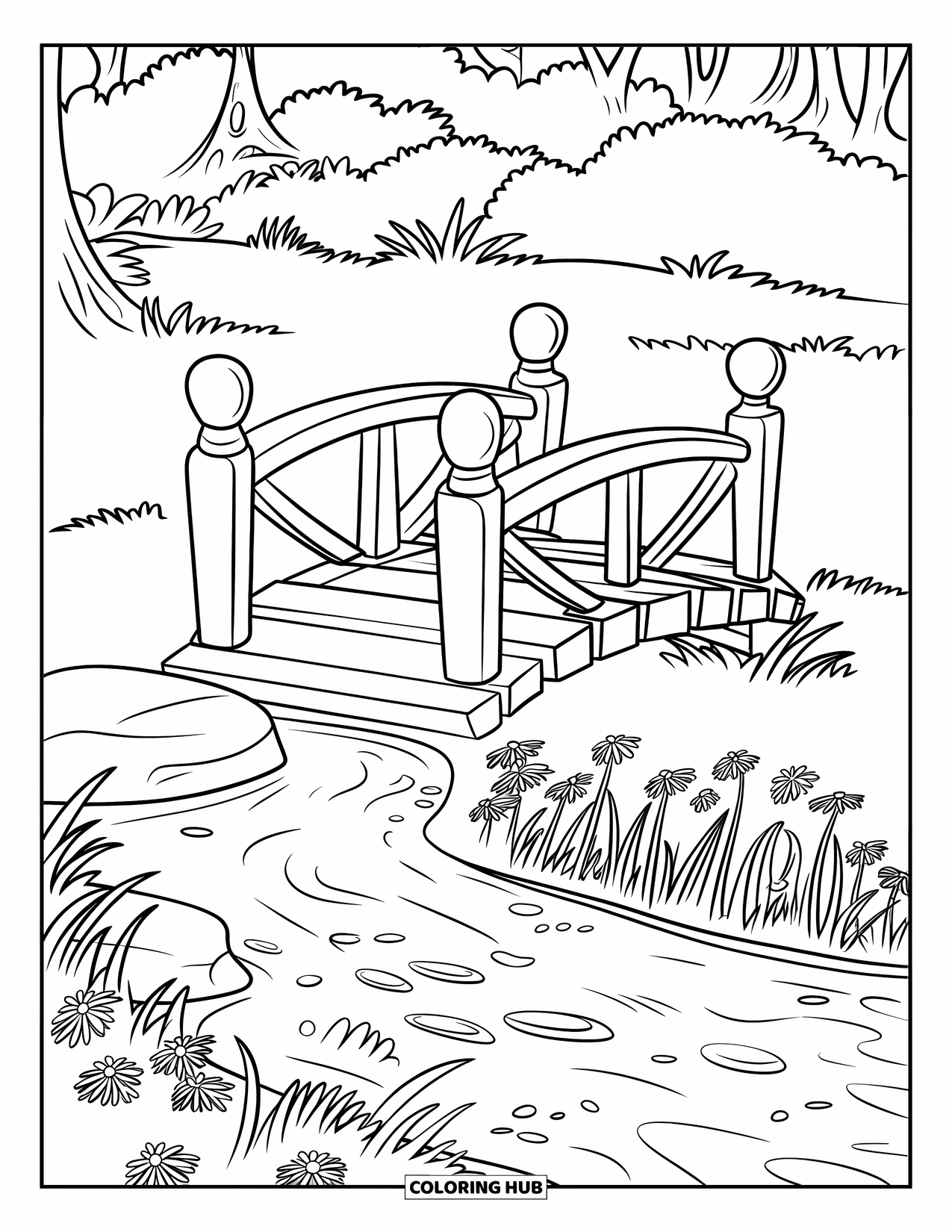 Desenho de primavera para colorir para crianças: Uma ponte de madeira aconchegante sobre um riacho borbulhante, emoldurada por flores silvestres e grama