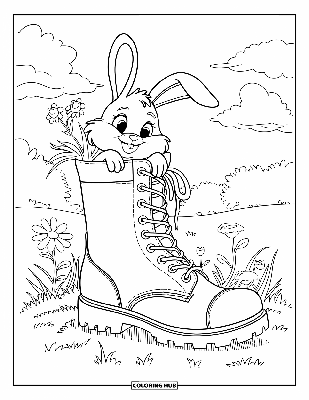 Desenho de primavera para colorir para crianças: Um coelho curioso espreita para fora de uma bota, cercado por flores silvestres