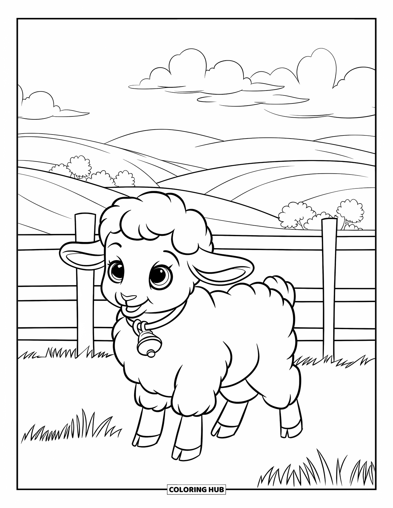 Desenho de primavera para colorir para crianças: Um cordeiro curioso fica perto de uma cerca de madeira, com seu sino tilintando suavemente