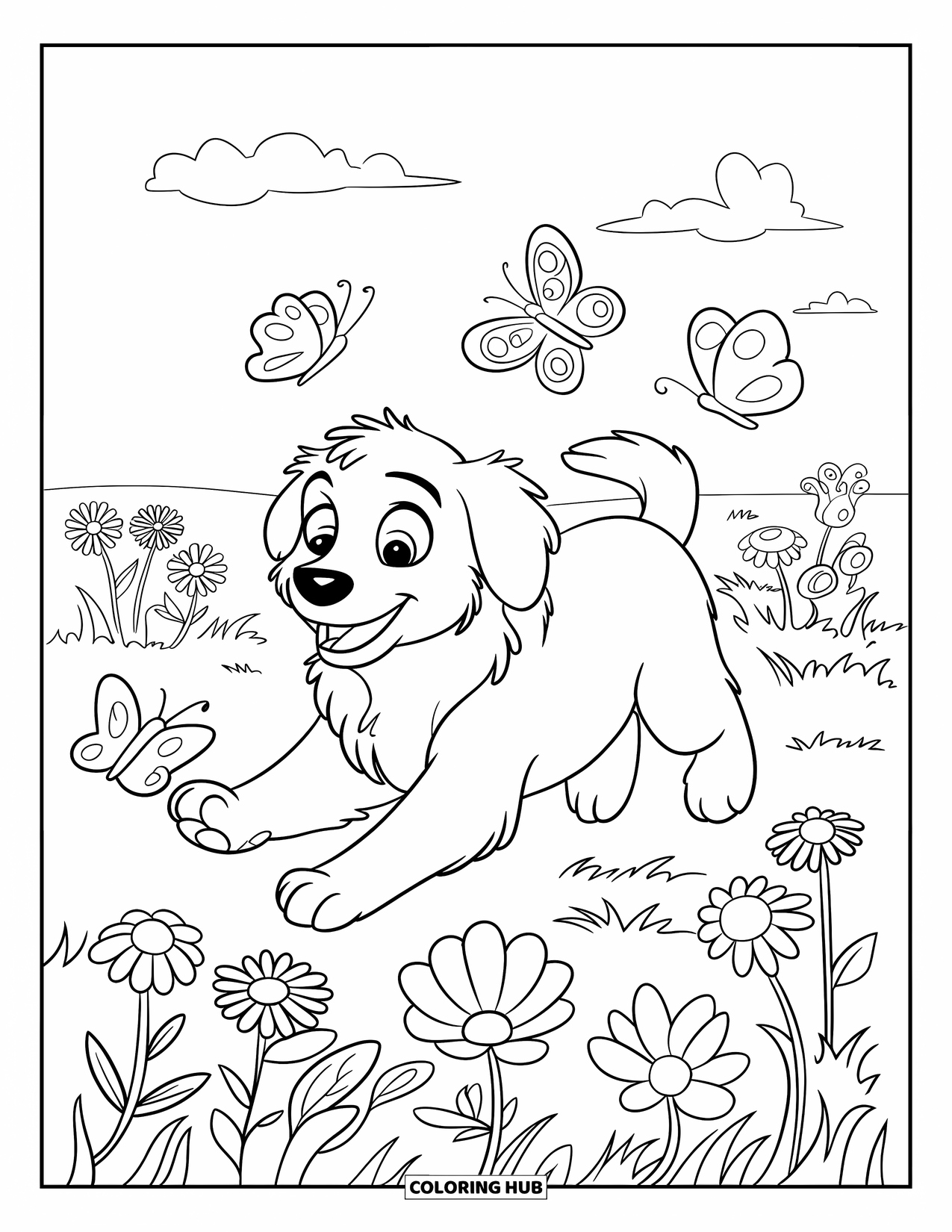 Desenho de primavera para colorir para crianças: Um cachorrinho curioso corre por um campo gramado, perseguindo borboletas coloridas