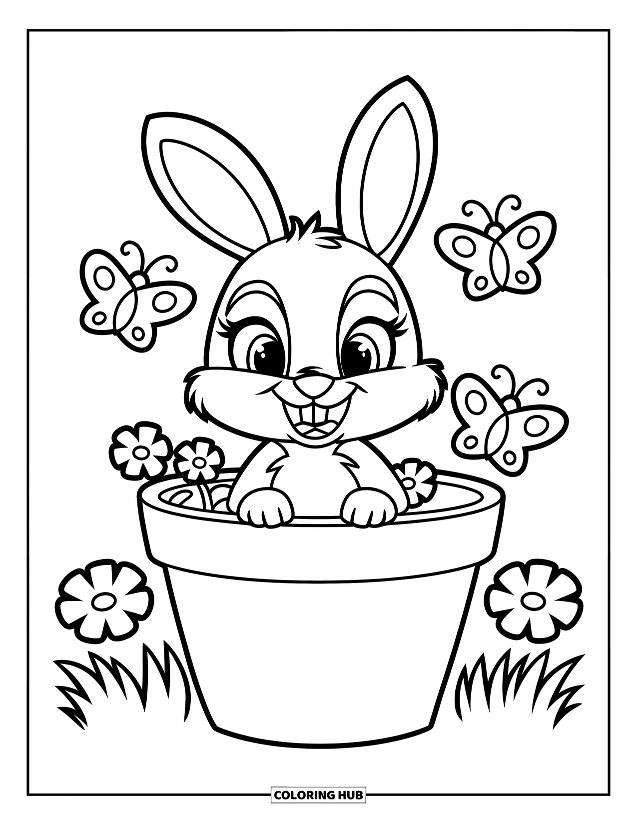 Desenho de primavera para colorir para crianças: Um coelho fofo senta-se dentro de um grande vaso de flores, cercado por borboletas esvoaçantes