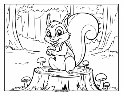 Spring Coloring Page for Kids: A cute squirrel with a tiny vest sits on a stump, surrounded by mushrooms