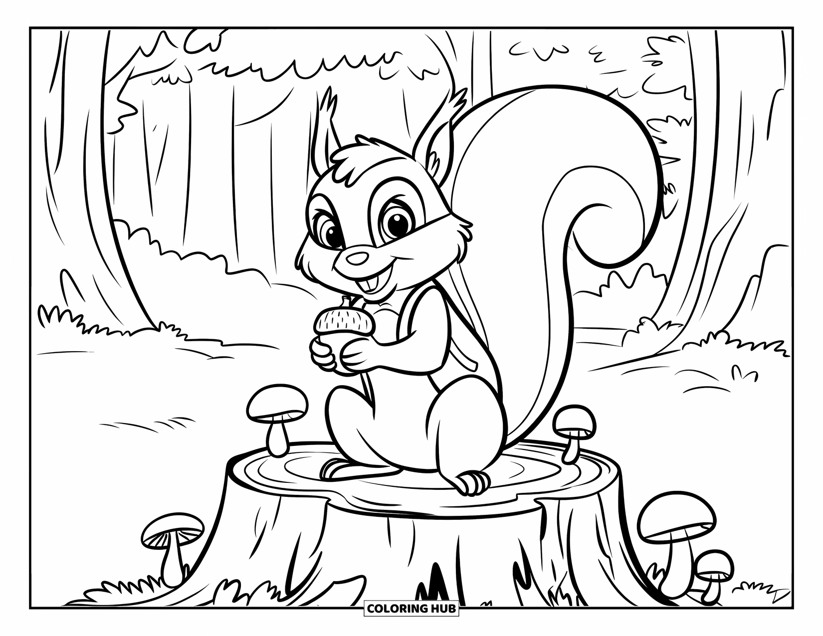 Desenho de primavera para colorir para crianças: Um esquilo fofo com um colete minúsculo senta-se em um toco, cercado por cogumelos