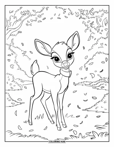 Spring Coloring Page for Kids: A deer with expressive eyes stands in a peaceful clearing as petals float in the air