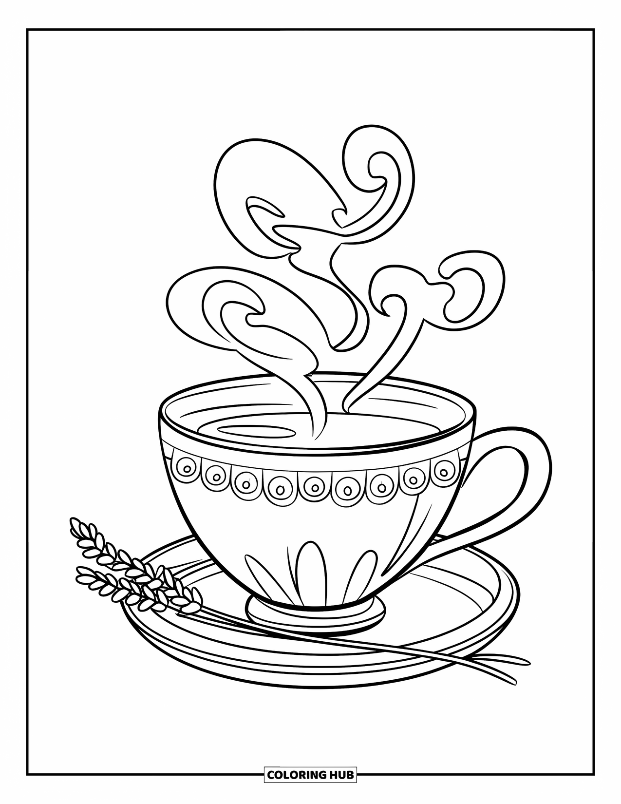 Desenho de primavera para colorir para crianças: Uma xícara de chá delicada com suaves redemoinhos de vapor, sentada ao lado de lavanda perfumada